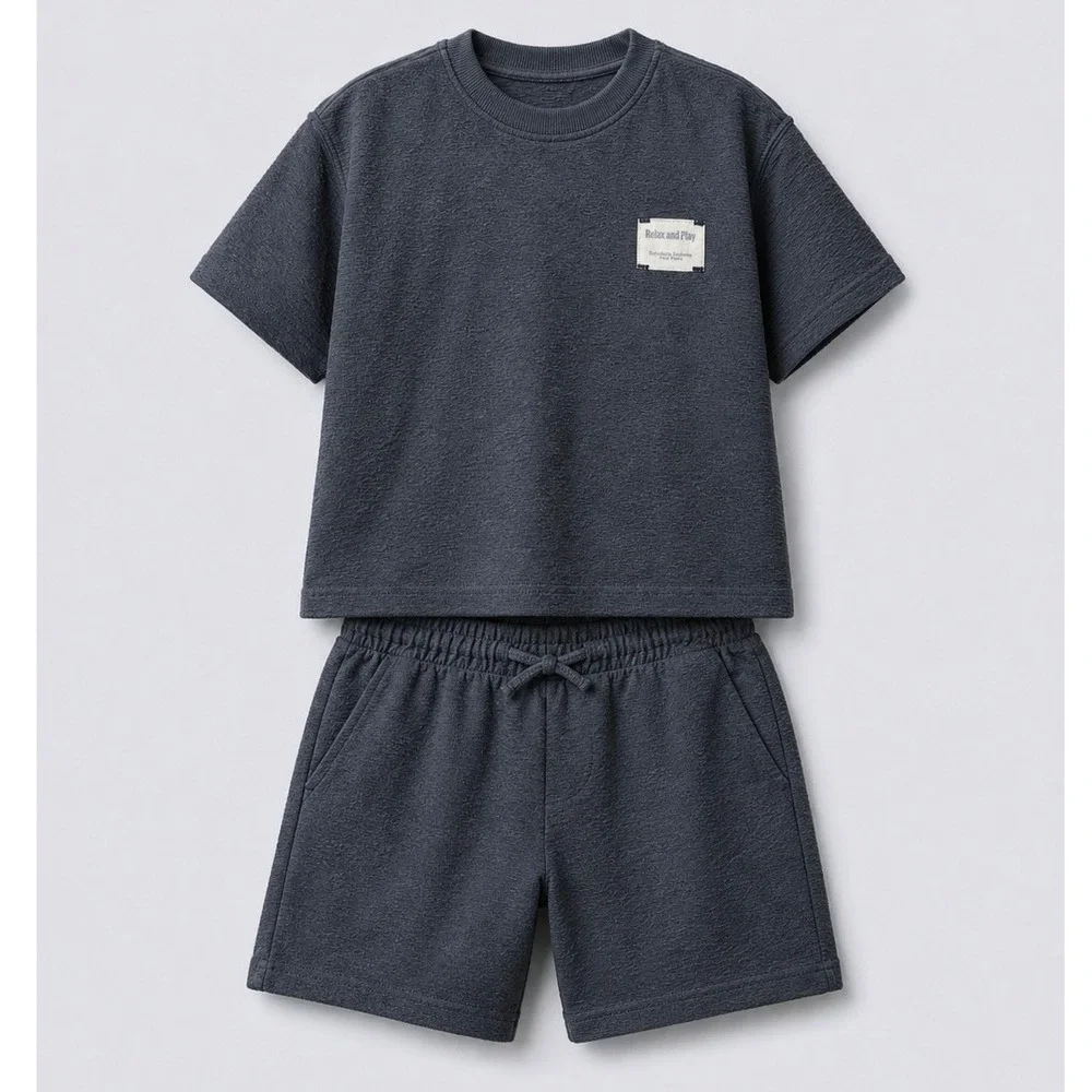 Zara‎ Short & Shirt Set Kids 11-12 Gray Textured Relax and Play Seersucker 2pc